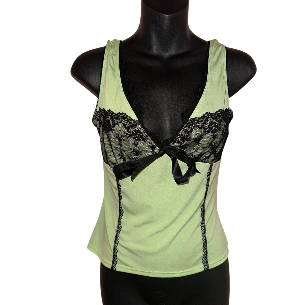 Beautiful Heart & Soul Cami Top Lime Green Black Lace Bow Tank Women size Small